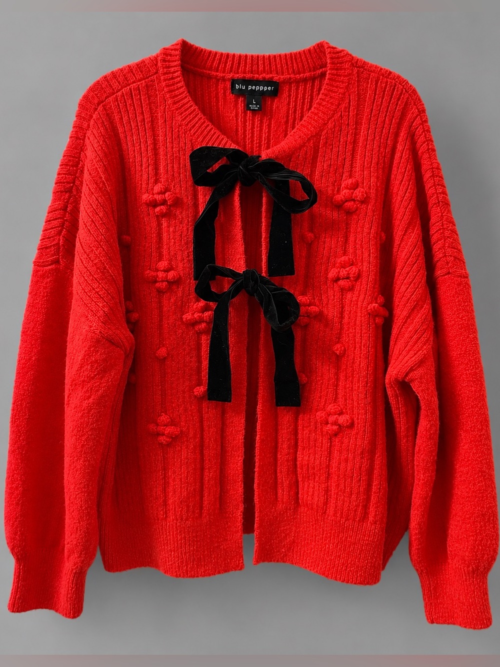 Blu Pepper Red Velvet Bow Cardigan Sweater Size L NWT Coquette